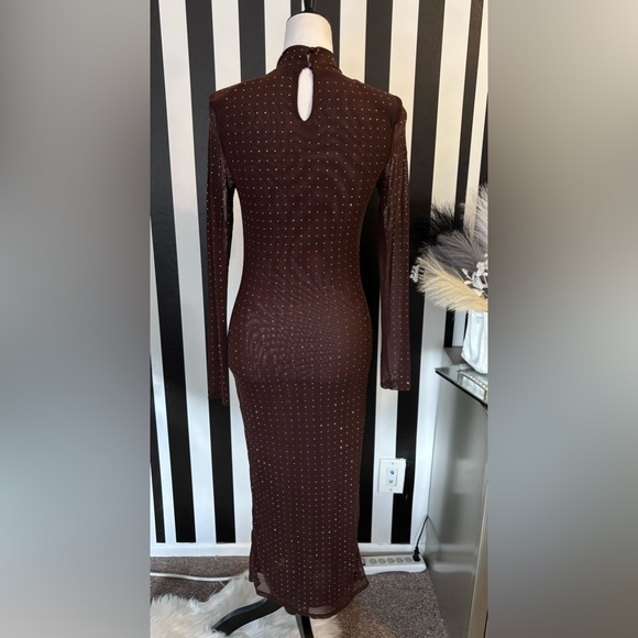 Brown with Gold Crystal Mock Neck Double Mesh Midi Dress - NWT - Picture 7 of 7